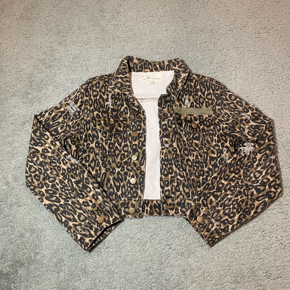 Distressed Leopard Crop Jean Jacket